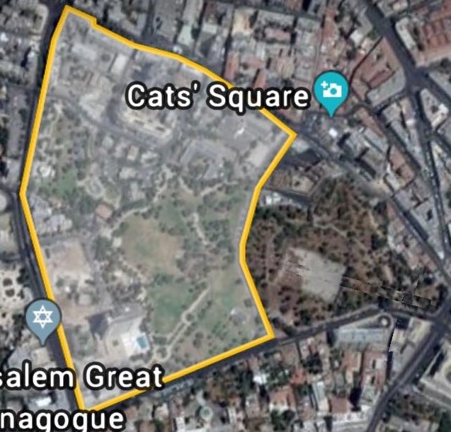 الجزء الغربي المقضوم بالكامل من المقبرة ومساحته بالاستعانة بتطبيق جوجل إيرث تقارب 158 دونماً