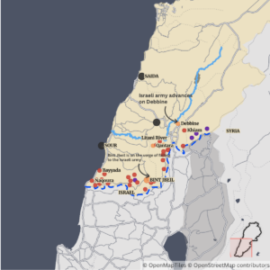 خريطة لجنوب لبنان تفيد في التعرف على المناطق التي احتلتها "إسرائيل" ومناطق الاشتباكات. (المصدر: L'Orient Today) 
