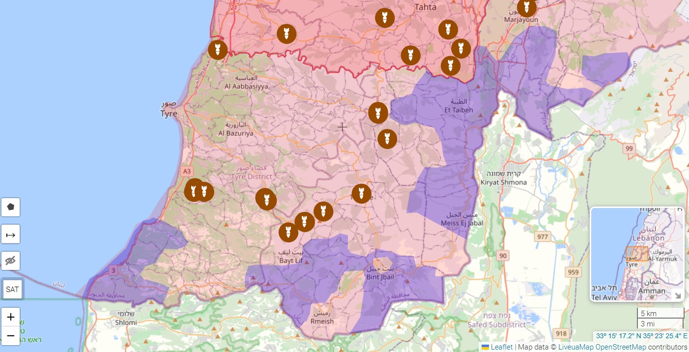 الخريطة 1: خريطة تُظهر حالة التوغل والقصف الجوي والاشتباكات البرية في جنوب لبنان بتاريخ 17 نيسان/ أبريل 2026.

