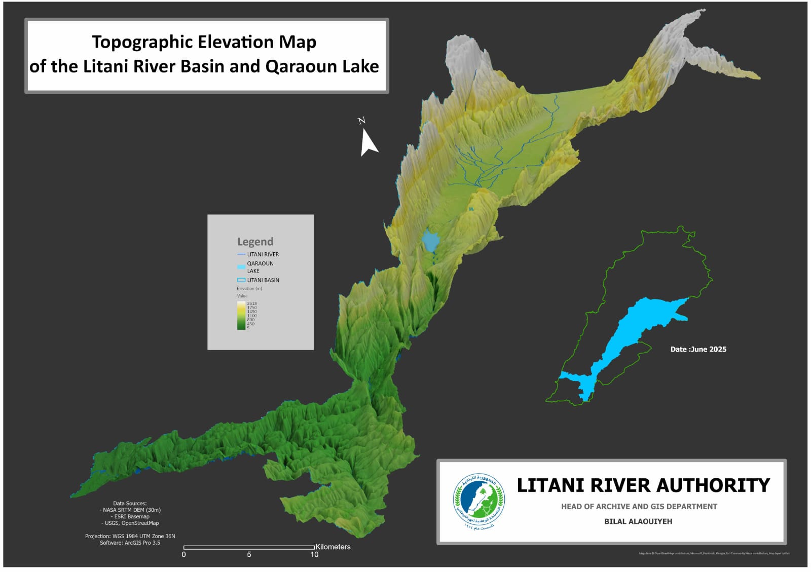 خريطة ارتفاعات طبوغرافية لحوض نهر الليطاني وبحيرة القرعون، وتُظهر النهر بوصفه عقدة تضاريسية ومائية لا مجرد خط سياسي يمكن أن تحدده "إسرائيل". (المصدر: Litani River Authority، حزيران/يونيو 2025)
